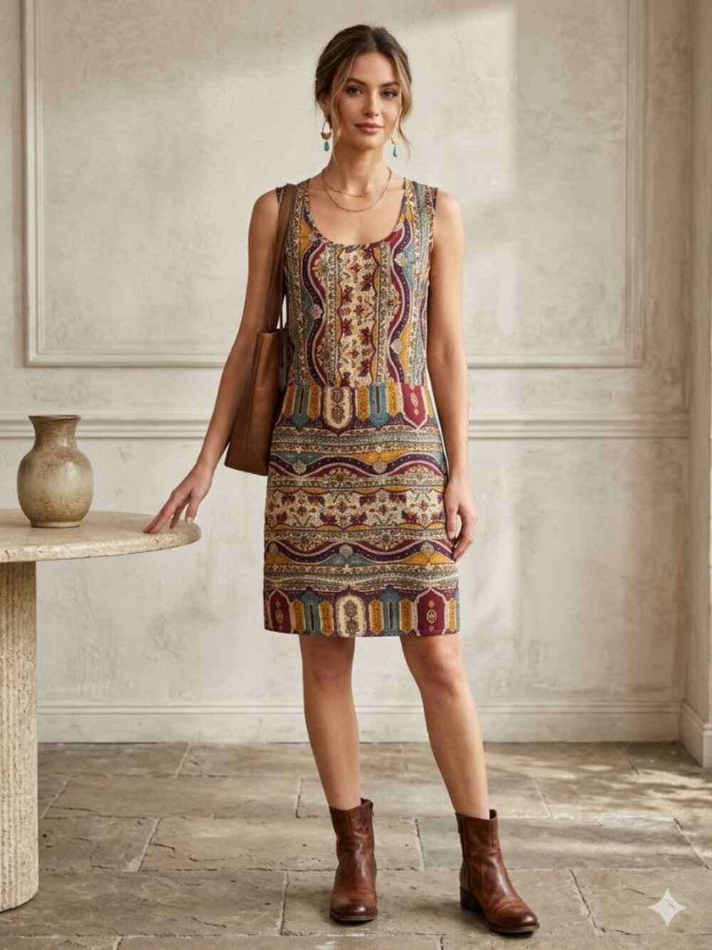 Vintage Lucky Brand Women Paisley Sleeveless 100% Silk Summer Dress Western Boho